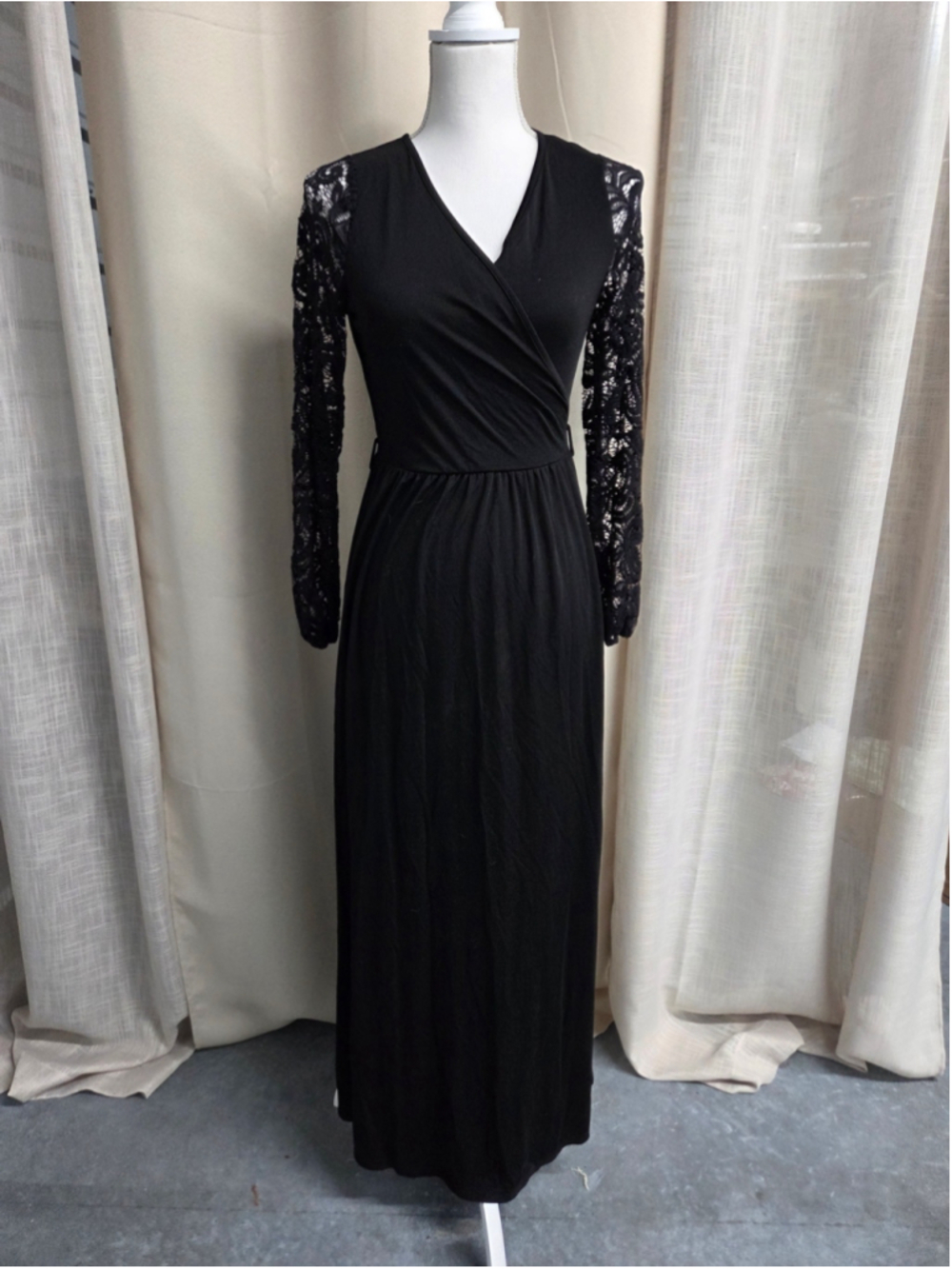 Black Lace-Sleeve Faux Wrap Maxi Dress S Whimsigoth Vampy Victorian Goth